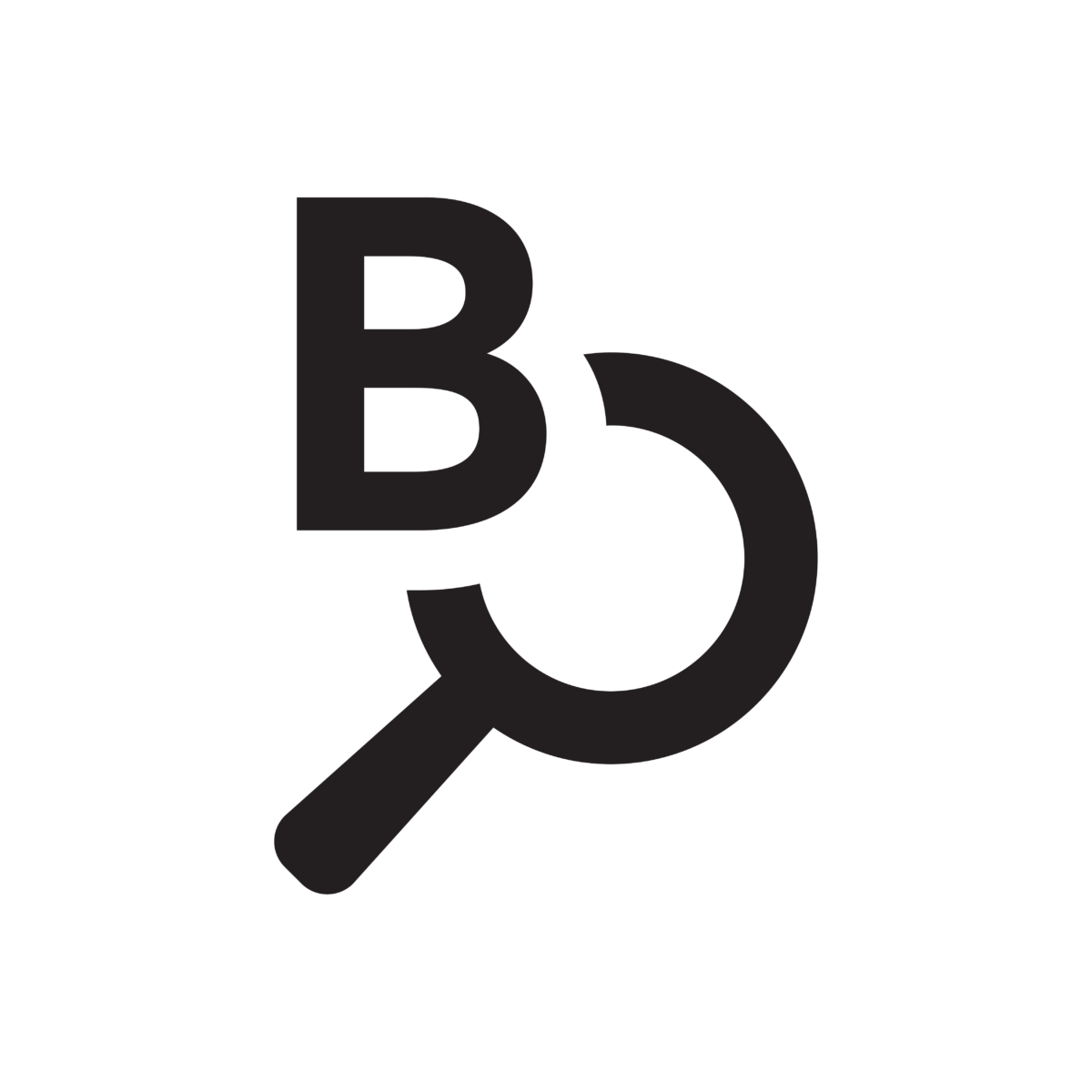 A black letter B over an magnifying glass icon.